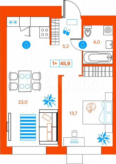 1-к. квартира, 45,9 м², 2/21 эт.