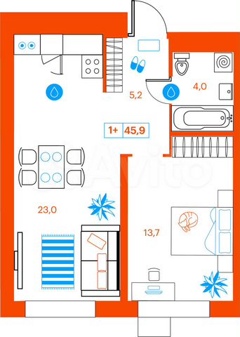 1-к. квартира, 45,9 м², 2/21 эт.