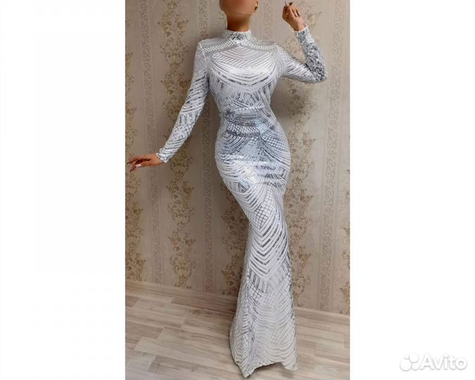 Выпускное вечернее платье в пол белое серебро