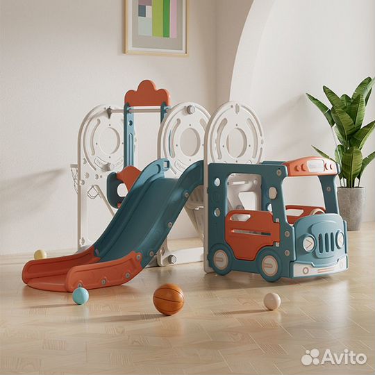 Игровой комплекс с горкой и качелями Bus Red