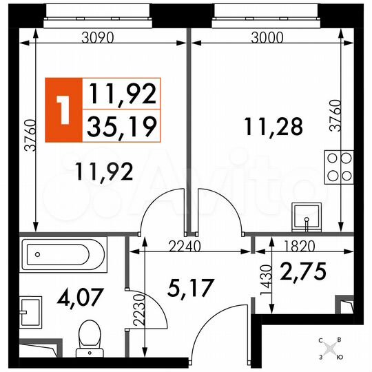 1-к. апартаменты, 35,2 м², 4/15 эт.