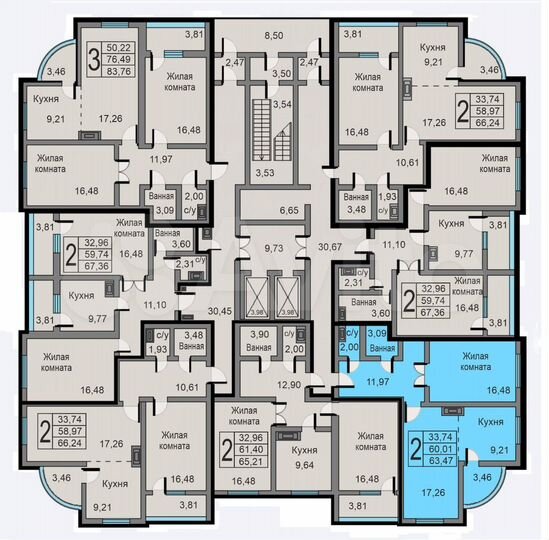 2-к. квартира, 63,5 м², 4/19 эт.