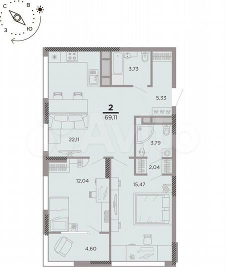 2-к. квартира, 69,1 м², 19/25 эт.