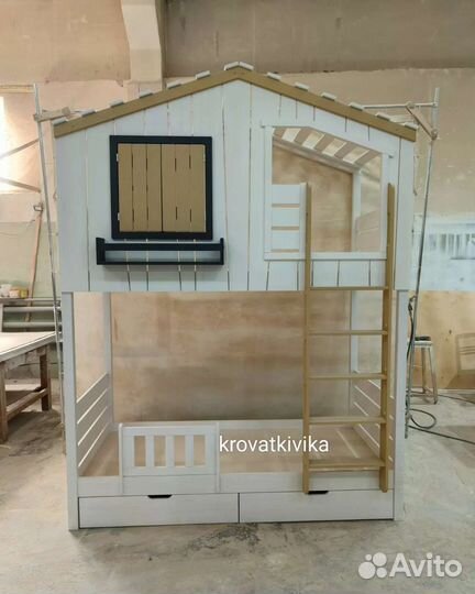 Двухъярусная Эко кровать домик из массива