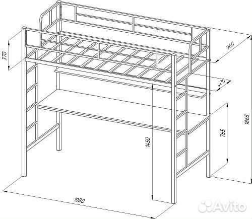 Металлическая кровать-чердак для подростка