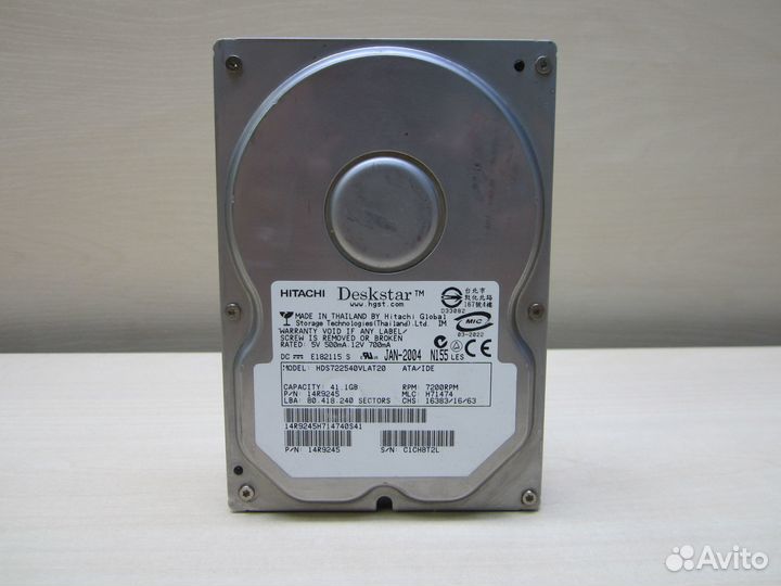 HDD hitachi HDS722540vlat20 41,1GB IDE рабочий №29