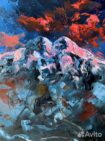 Картина паслом на холсте Эльбрус горы рассвет