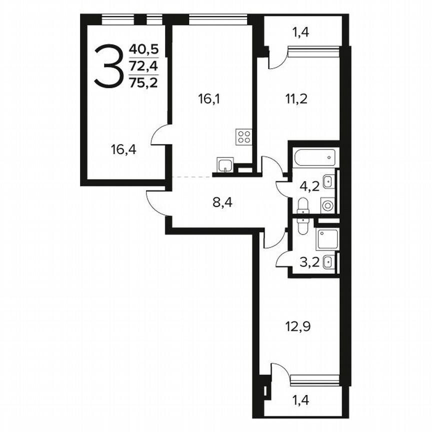 3-к. квартира, 75,2 м², 2/12 эт.