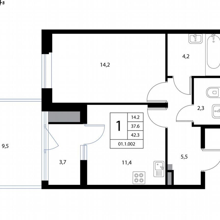 1-к. квартира, 42,3 м², 1/3 эт.