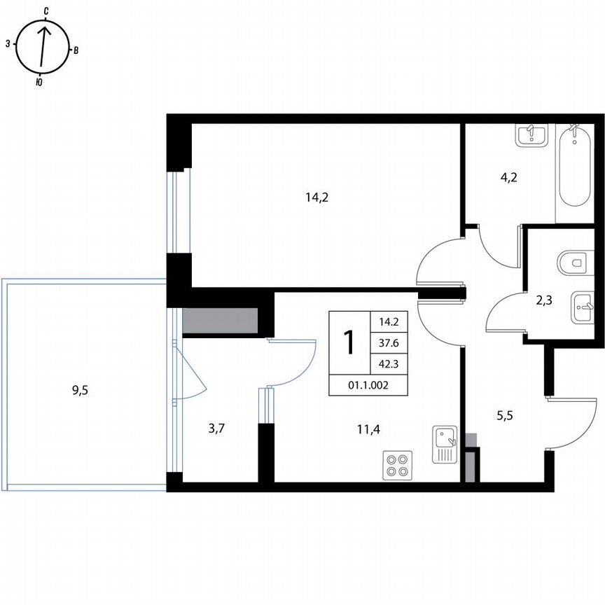 1-к. квартира, 42,3 м², 1/3 эт.