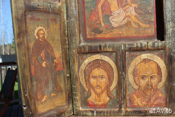 Икона старинная Триптих Север 51*57 золото темпера