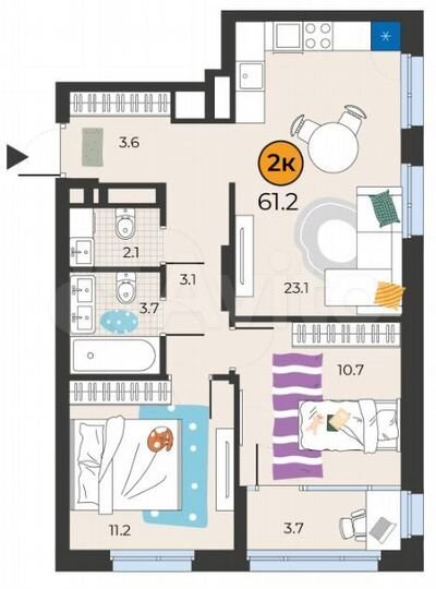2-к. квартира, 61,2 м², 3/19 эт.