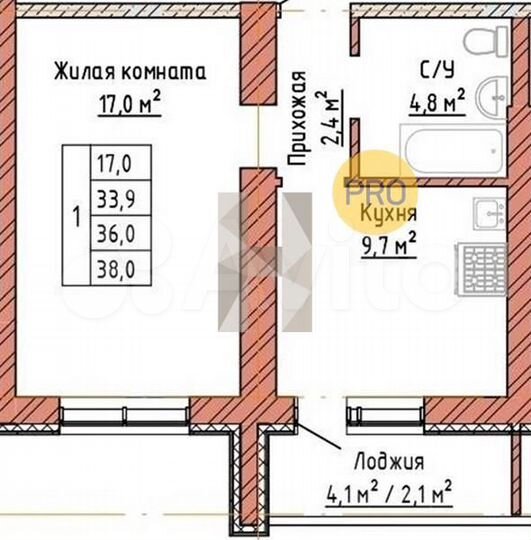 1-к. квартира, 36 м², 7/16 эт.