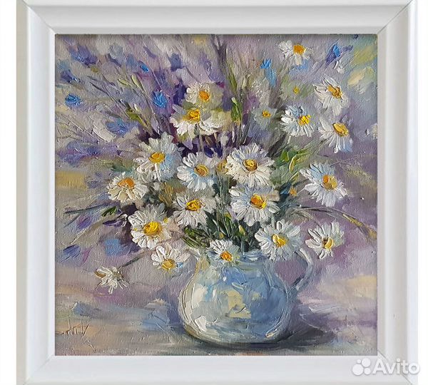 Картина букет цветов ромашки маслом на холсте