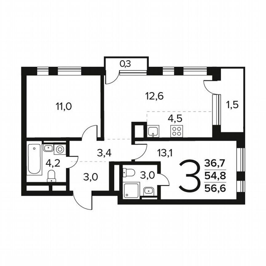 3-к. квартира, 56,6 м², 6/12 эт.