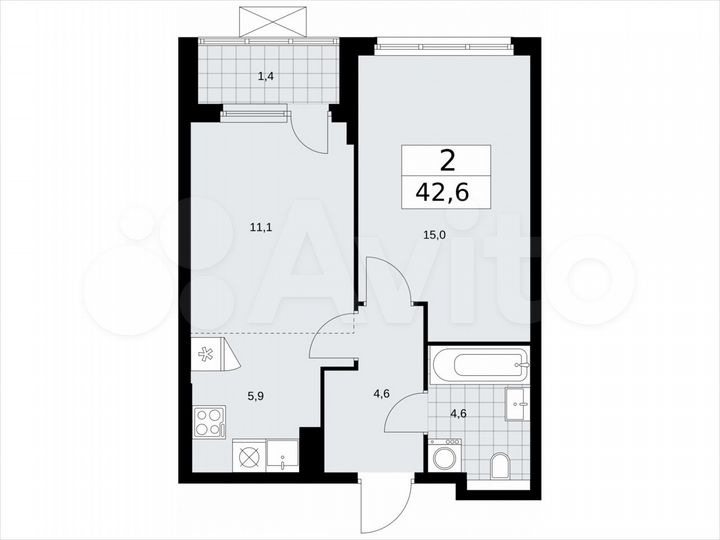 2-к. квартира, 42,6 м², 19/19 эт.