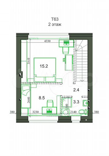 3-к. квартира, 64 м², 2/2 эт.