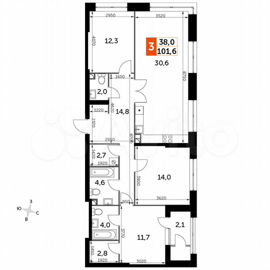 3-к. квартира, 101,6 м², 18/43 эт.