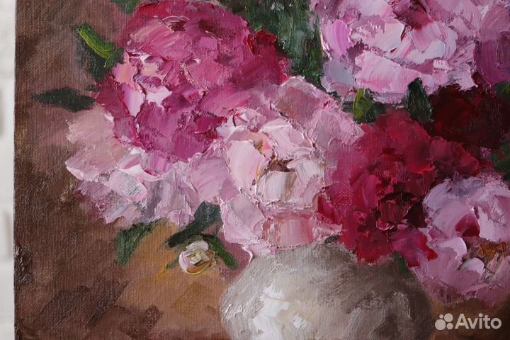 Картина маслом Цветы Пионы 35х40см холст картон