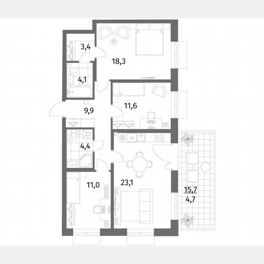 3-к. квартира, 91 м², 1/6 эт.