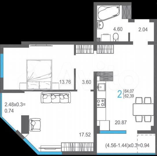 2-к. квартира, 64,1 м², 15/18 эт.