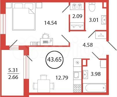 1-к. квартира, 43,7 м², 5/12 эт.