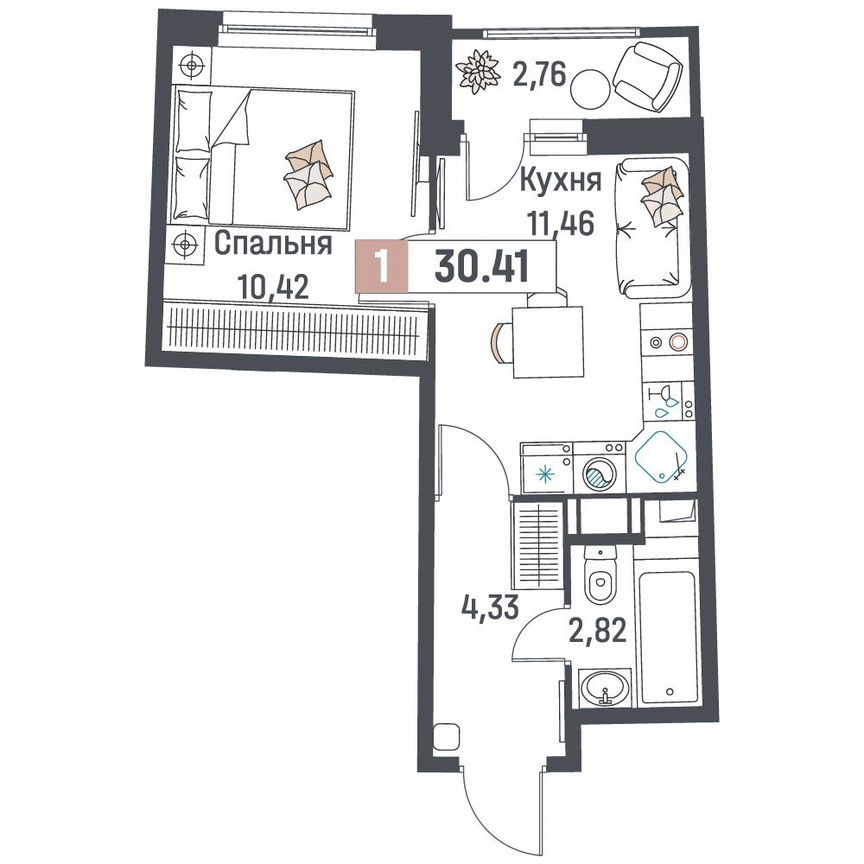 1-к. квартира, 30,4 м², 11/18 эт.