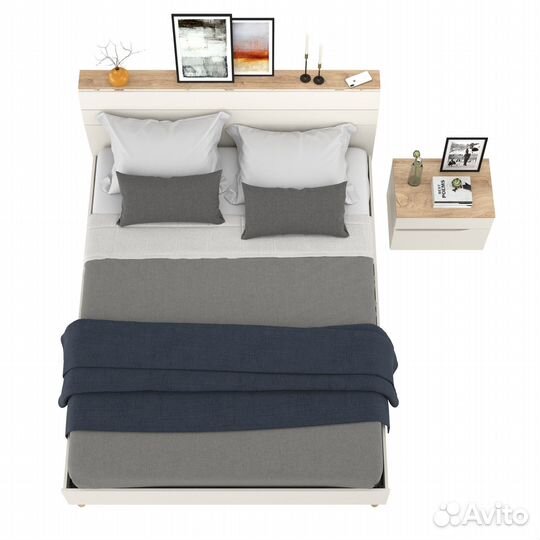 Кровать двуспальная Муссон 1600 с ортопедическим основанием и прикроватная тумба белый/дуб эндгрейн