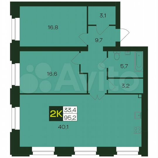 2-к. квартира, 95,2 м², 1/9 эт.