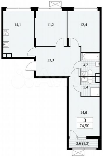 3-к. квартира, 74,5 м², 5/16 эт.