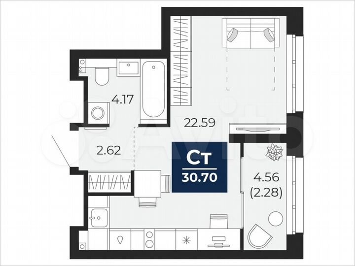 Квартира-студия, 30,7 м², 2/22 эт.