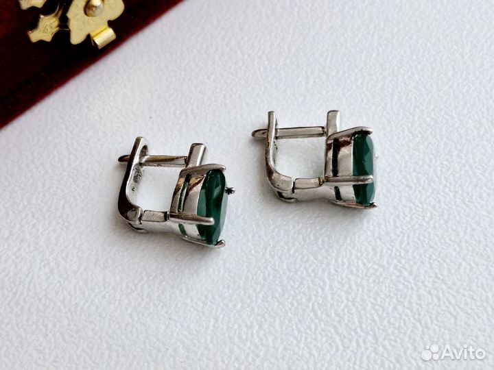 Серебряные Серьги Зеленый Агат Серебро 925 Винтаж