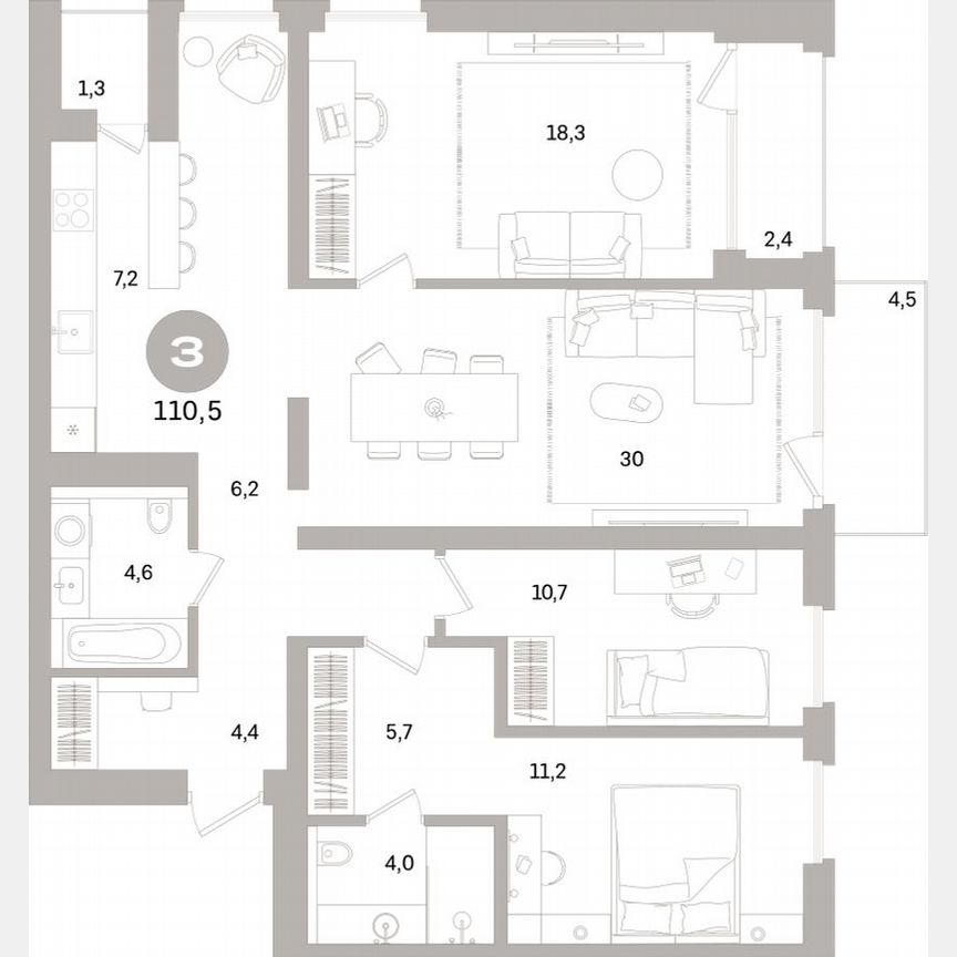 3-к. квартира, 110,1 м², 4/15 эт.