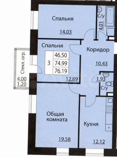 3-к. квартира, 76,2 м², 6/10 эт.
