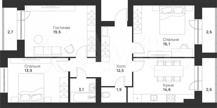 3-к. квартира, 89,6 м², 1/5 эт.