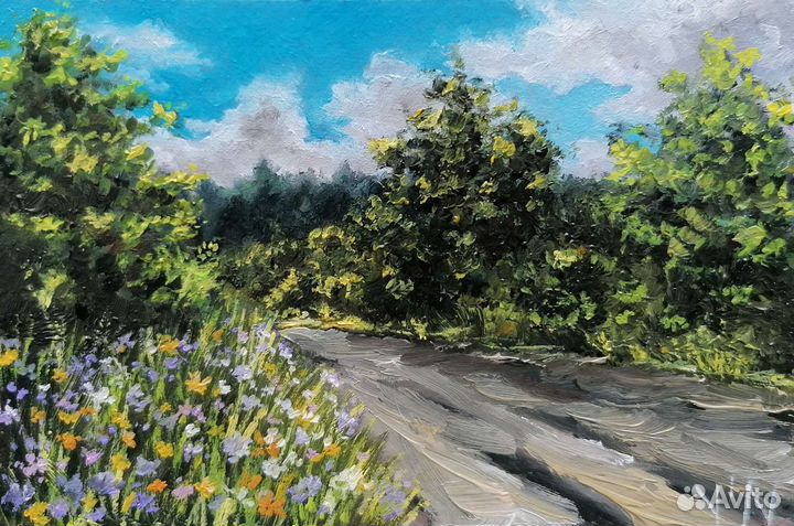 Картина маслом летний пейзаж с дорогой