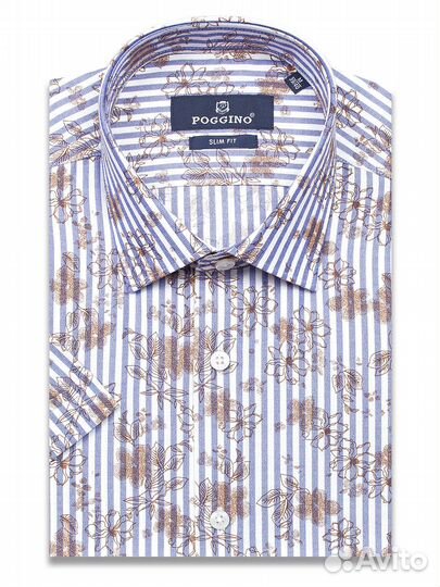 Синяя приталенная мужская рубашка Poggino 7003-20 в полоску с коротким рукавом
