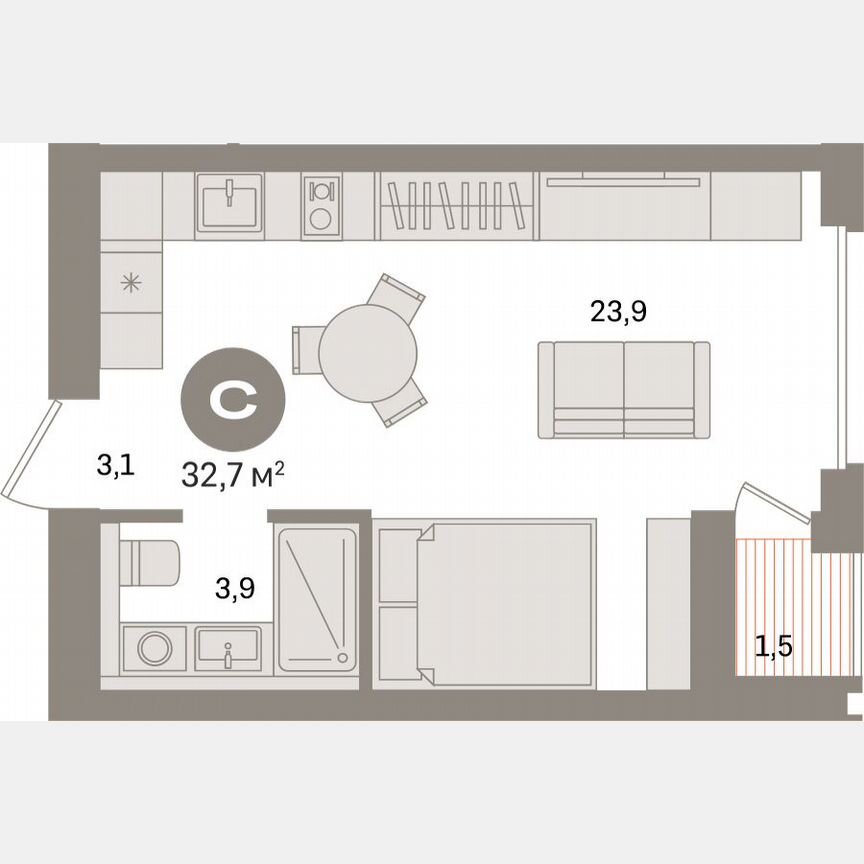 Квартира-студия, 32,1 м², 6/16 эт.
