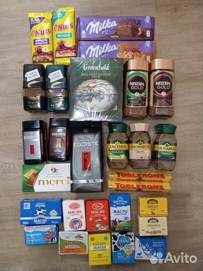 Кофе эгоист, чай Гринфилд, шоколад, масло