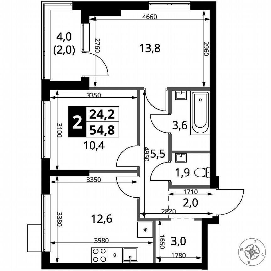 2-к. квартира, 54,8 м², 11/16 эт.