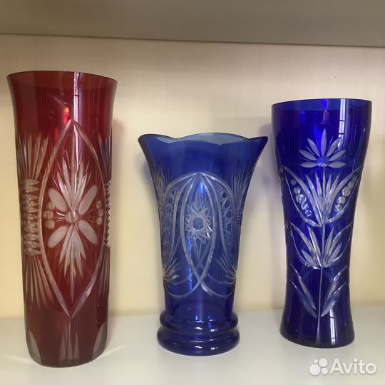 Вазы, цветное стекло, фарфор, роспись винтаж, СССР