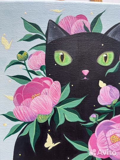 Картина авторская Кот в пионах