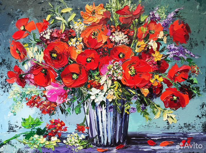 Картина маслом на холсте цветы маки букет цветов