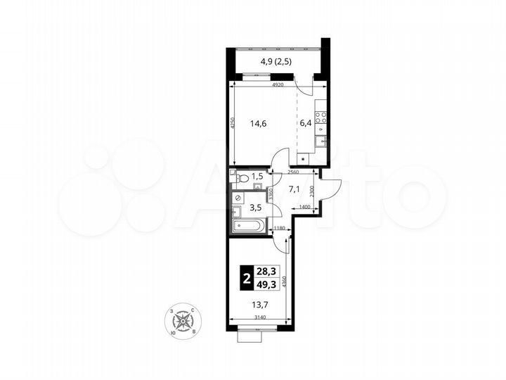 2-к. квартира, 49,3 м², 4/16 эт.