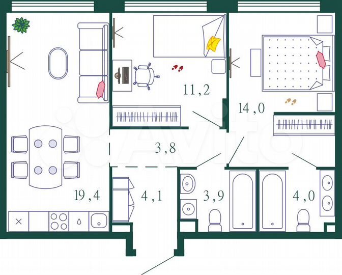 2-к. квартира, 60,4 м², 8/9 эт.