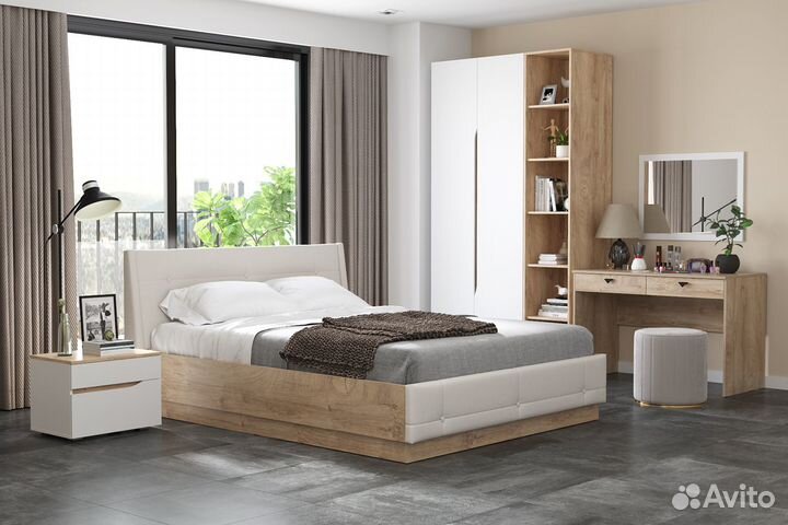 Гарнитур спальный Муссон № 6 цвет белый/дуб эндгрейн элегантный/искусственная кожа белая, спальное м