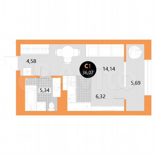 Квартира-студия, 36 м², 7/13 эт.