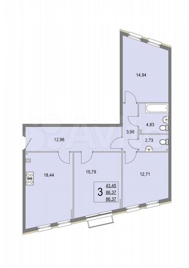 3-к. квартира, 86,4 м², 1/4 эт.