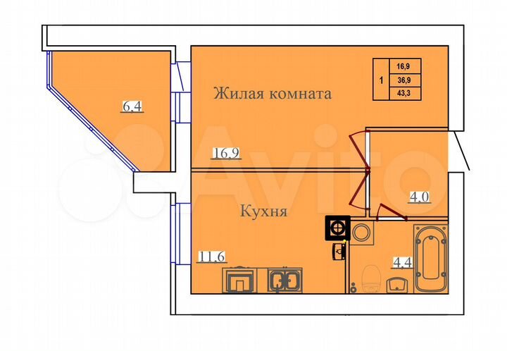 1-к. квартира, 43,3 м², 8/14 эт.