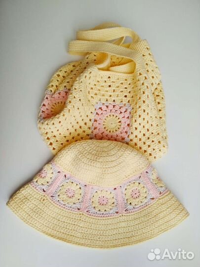 Вязаная панама и сумка пляжный комплект